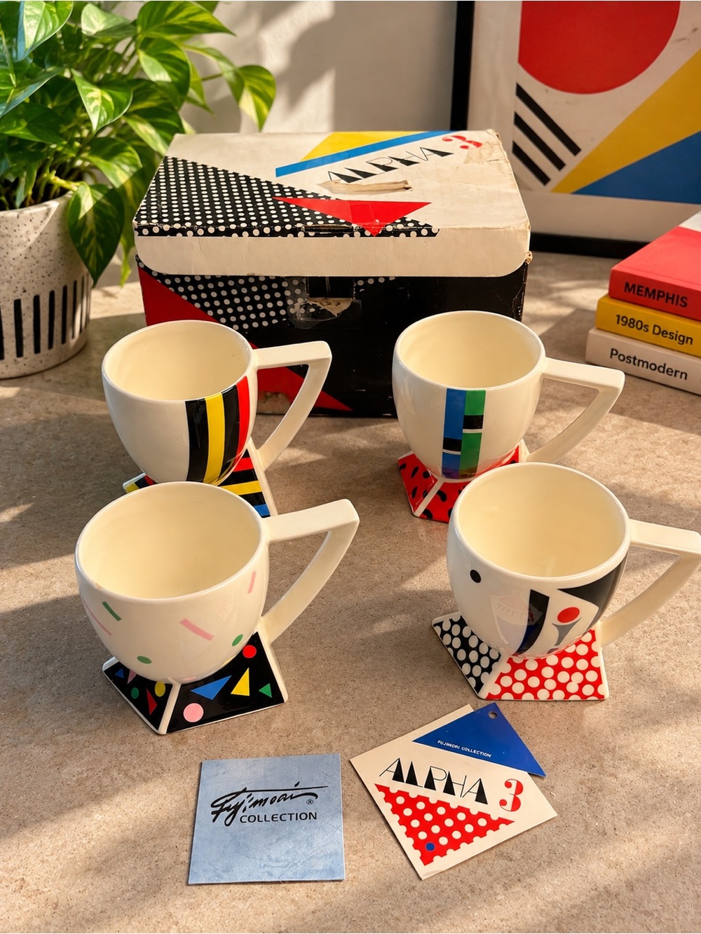 Vintage Kato Kogei Fujimori Alpha 3 Set 4 Mugs 1980s Memphis Japan Original Box
